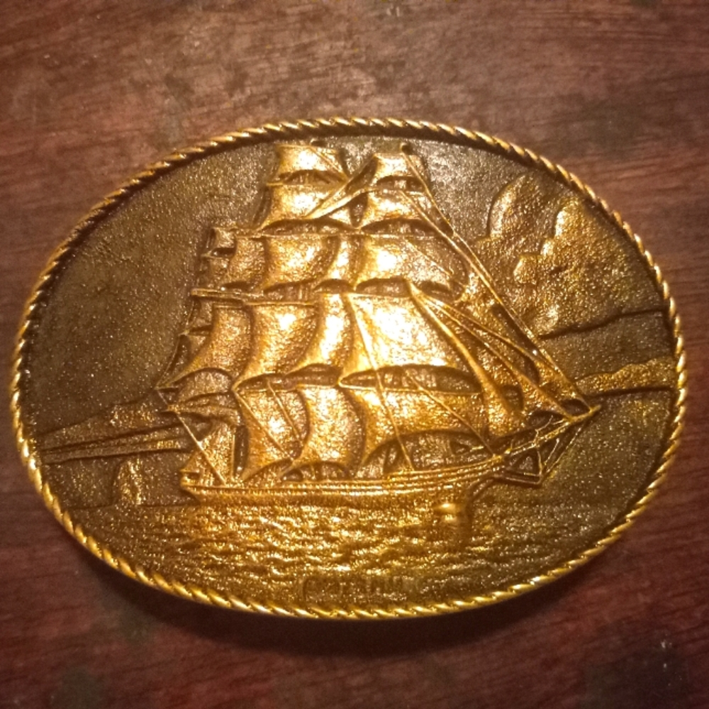 Vintage gold brass Clipper Ship belt buckle (rare) D-3813